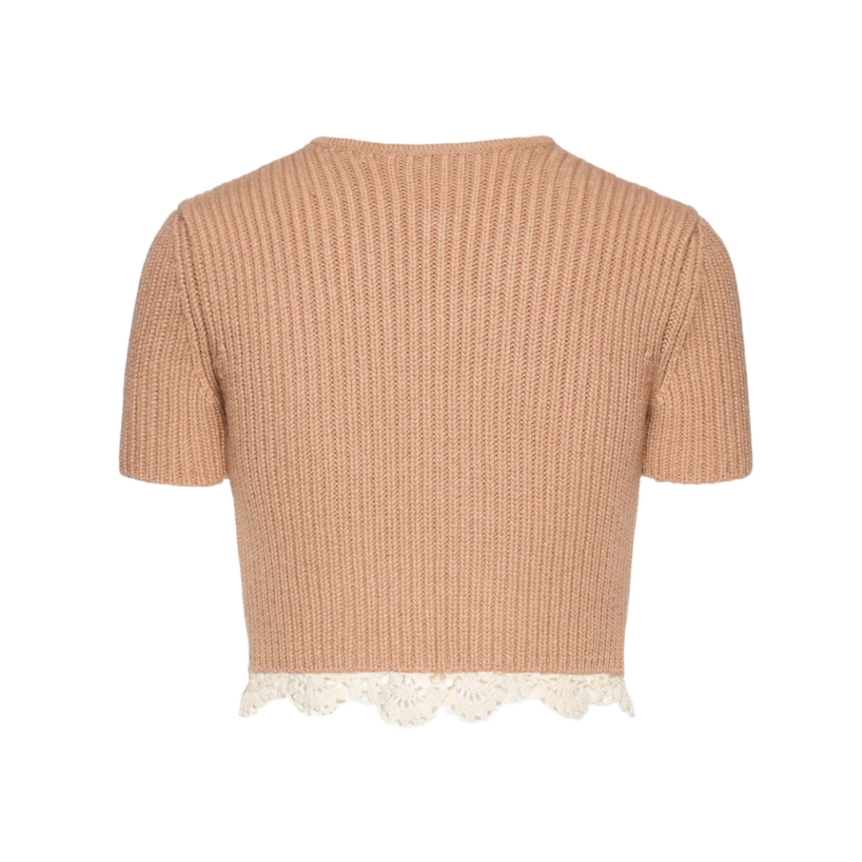 Cardigan MAGDA BUTRYM court manche courte cachemire beige ourlet dentelle crochet