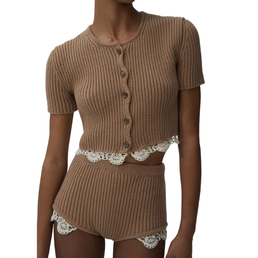 Cardigan MAGDA BUTRYM court manche courte cachemire beige ourlet dentelle crochet