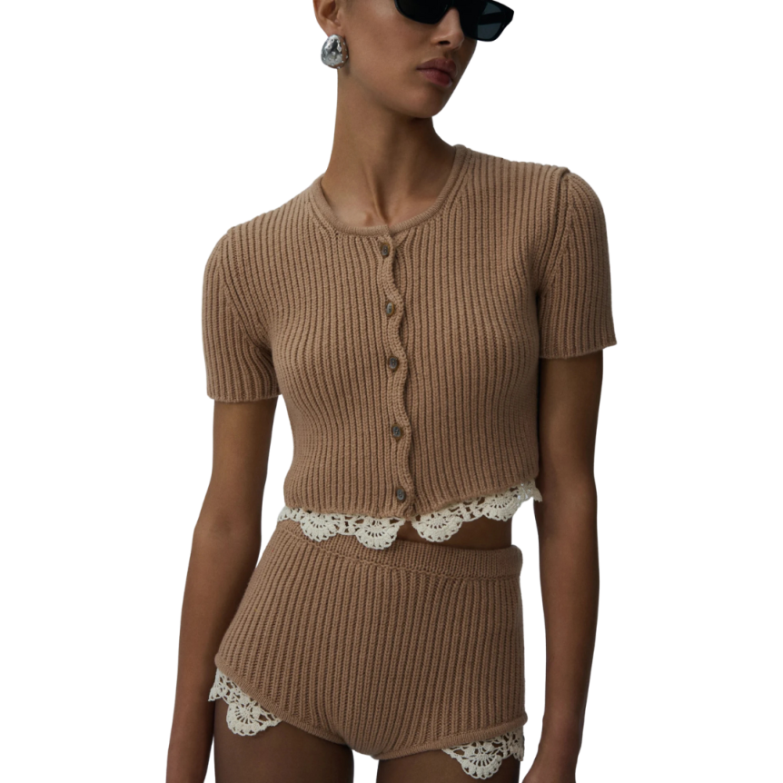 Cardigan MAGDA BUTRYM court manche courte cachemire beige ourlet dentelle crochet