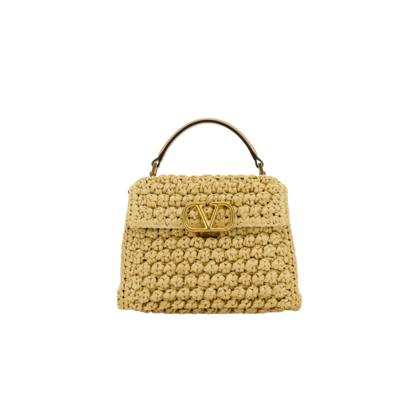 Petit sac VALENTINO VSling rafia crochet beige chaine V logo signature doré