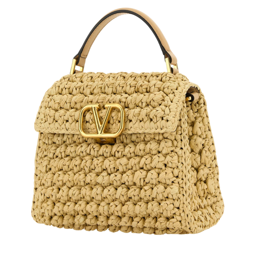 Petit sac VALENTINO VSling rafia crochet beige chaine V logo signature doré