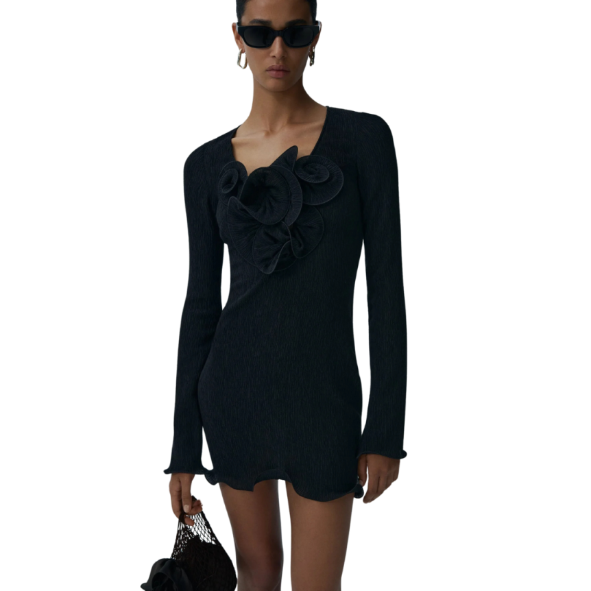 Mini robe MAGDA BUTRYM manche longue crêpe noir volants fleurs