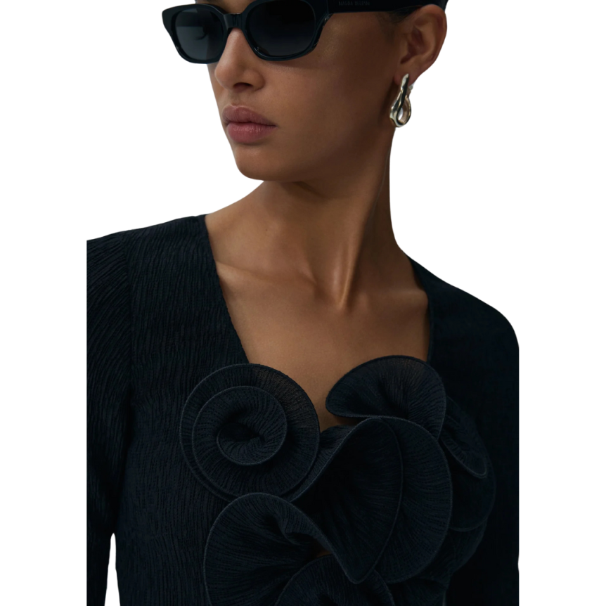 Mini robe MAGDA BUTRYM manche longue crêpe noir volants fleurs