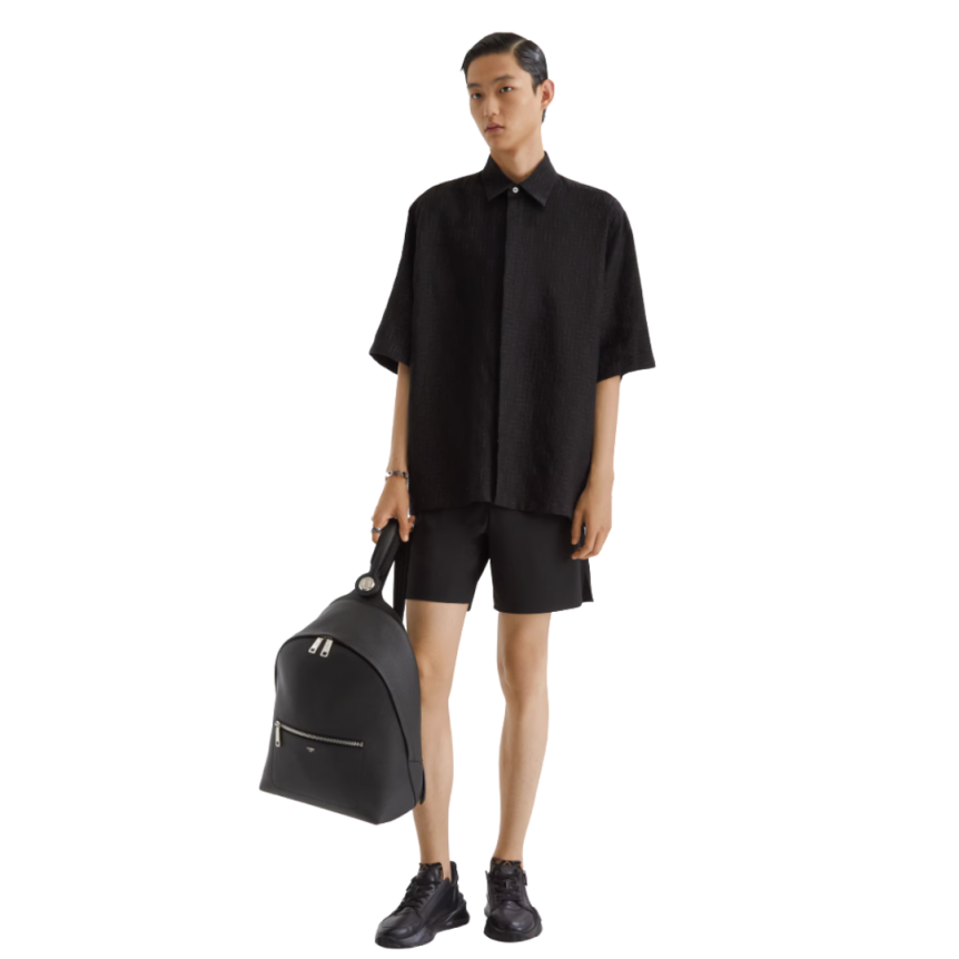 Chemise FENDI manches courtes large lin coton noir jacquard FF