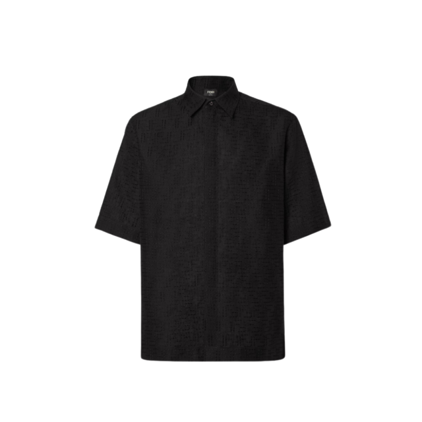 Chemise FENDI manches courtes large lin coton noir jacquard FF