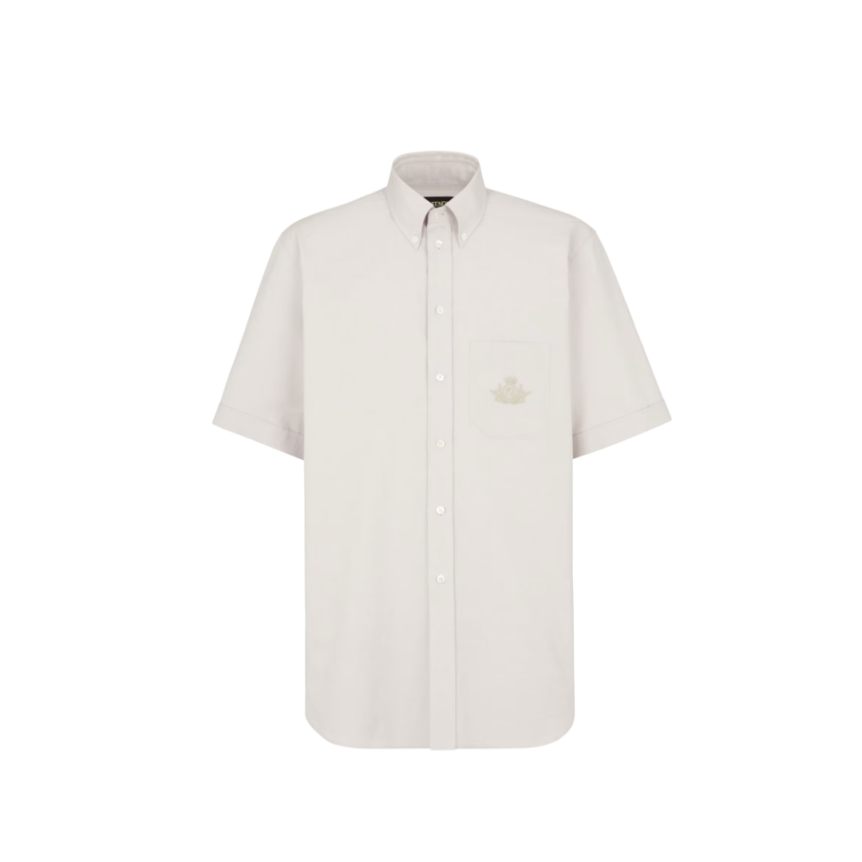 Chemise FENDI manche courte oxford coton beige broderie logo poche