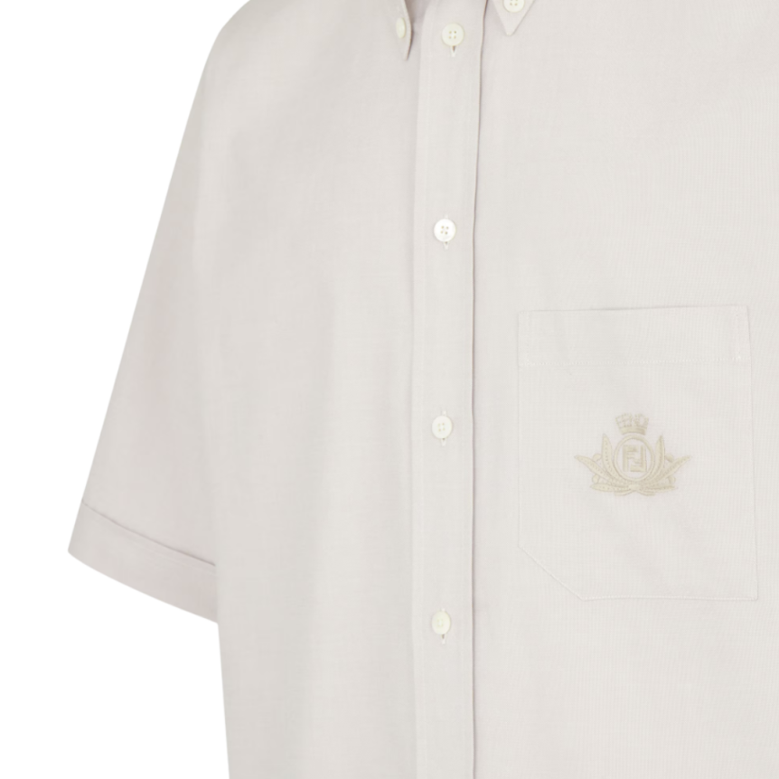 Chemise FENDI manche courte oxford coton beige broderie logo poche