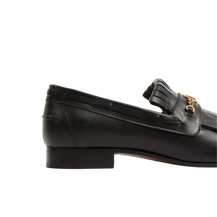 Mocassins VALENTINO cuir noir V logo signature doré franges