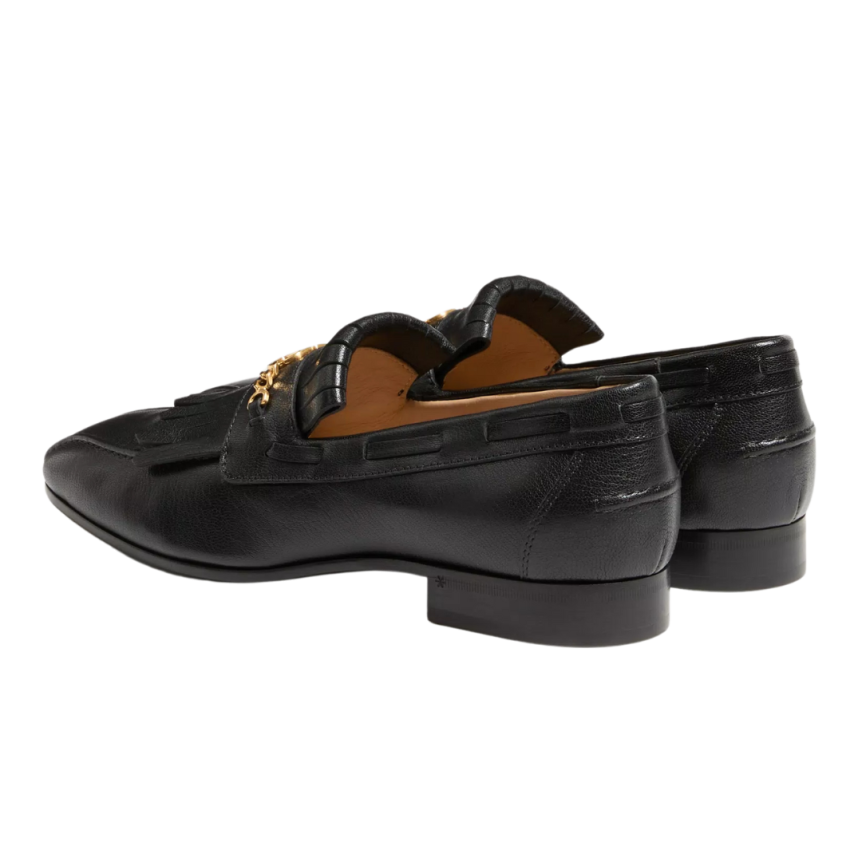 Mocassins VALENTINO cuir noir V logo signature doré franges