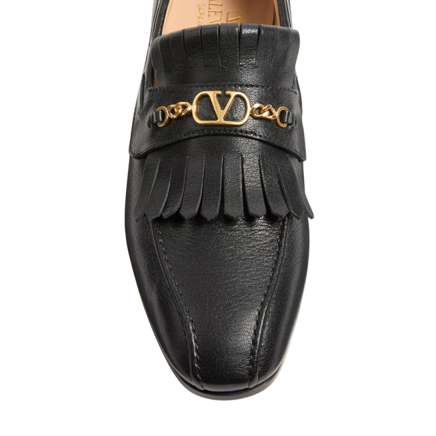 Mocassins VALENTINO cuir noir V logo signature doré franges