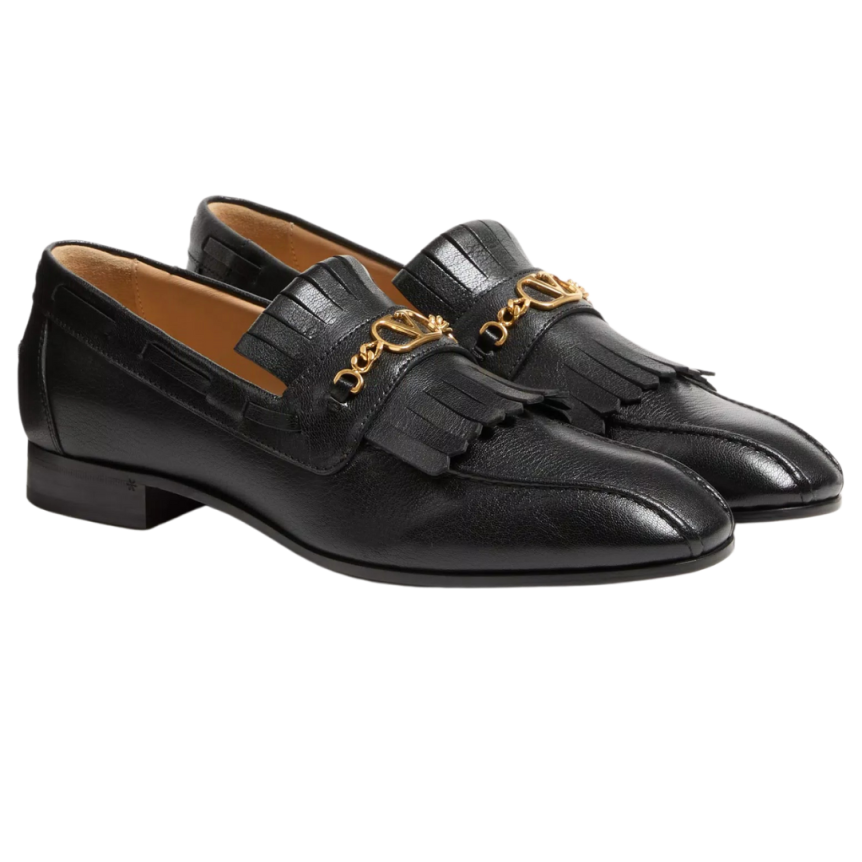 Mocassins VALENTINO cuir noir V logo signature doré franges