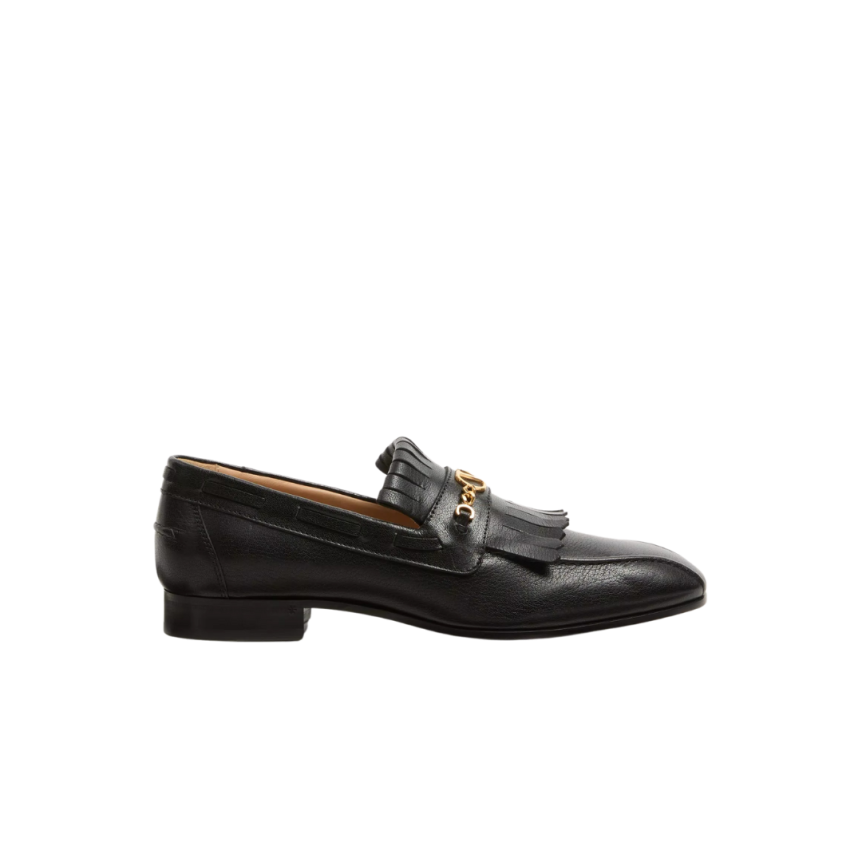 Mocassins VALENTINO cuir noir V logo signature doré franges