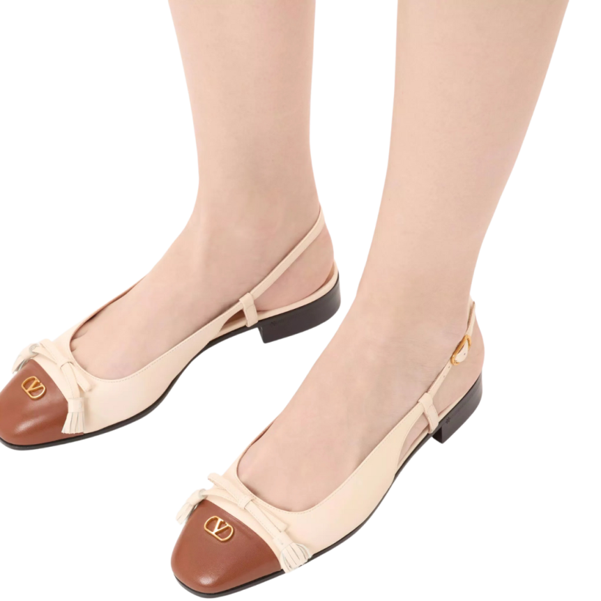 Ballerines à bride arrière VALENTINO Valet Du Roi cuir chevreau bicolore écru tabac