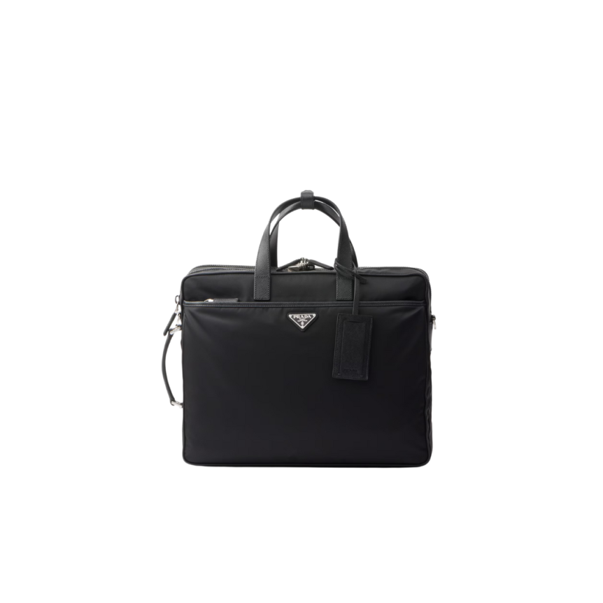 Cartable Briefcase PRADA Re nylon Cuir Saffiano noir logo triangle métal