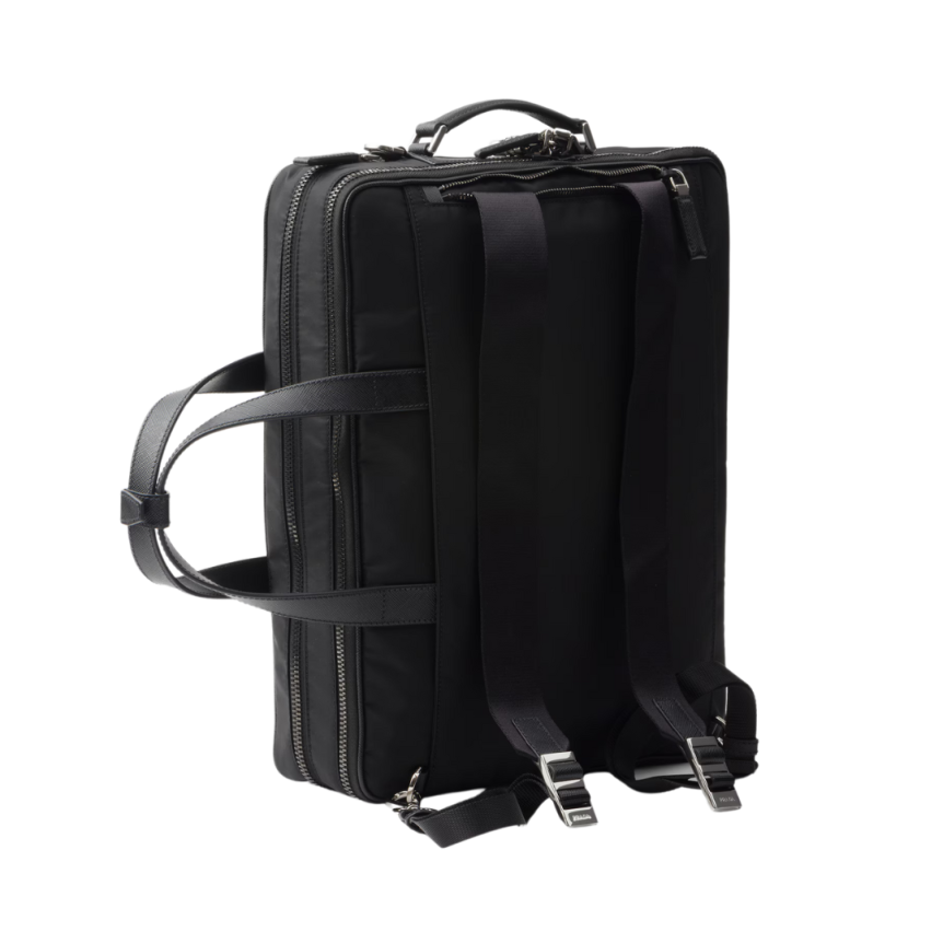 Cartable Briefcase PRADA Re nylon Cuir Saffiano noir logo triangle métal