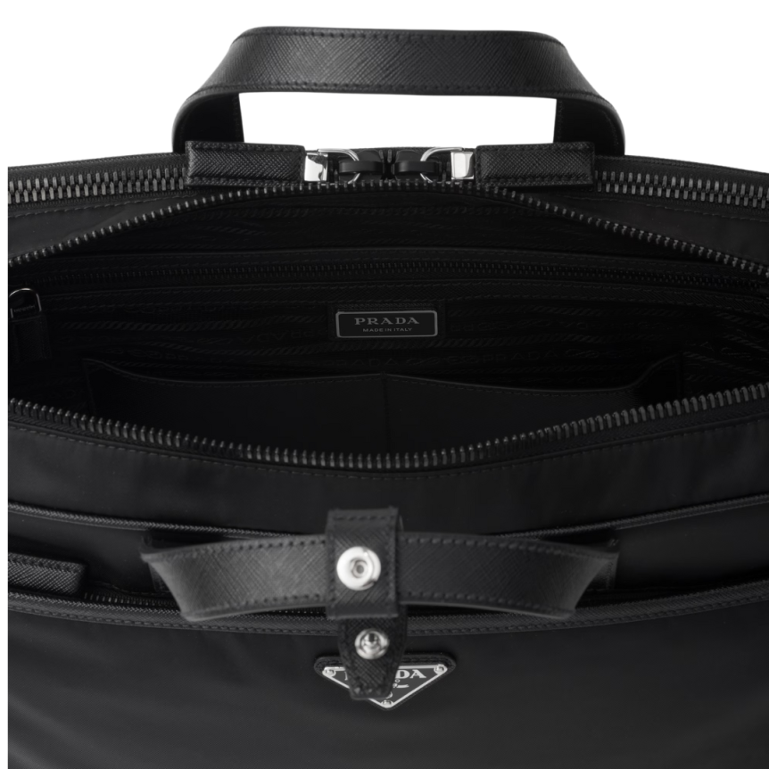Cartable Briefcase PRADA Re nylon Cuir Saffiano noir logo triangle métal