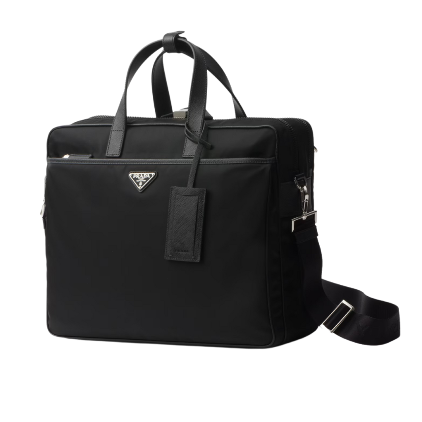 Cartable Briefcase PRADA Re nylon Cuir Saffiano noir logo triangle métal