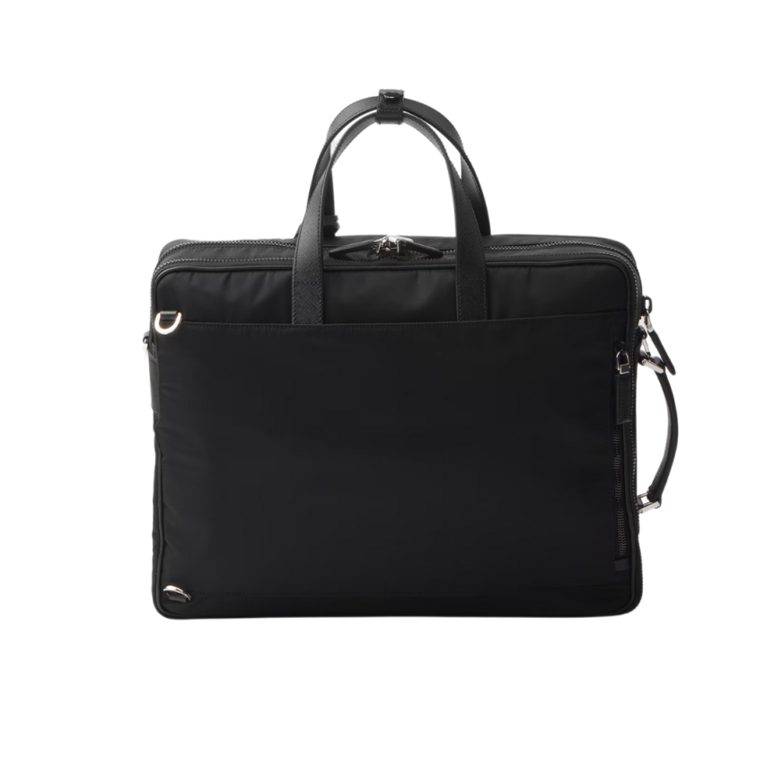 Cartable Briefcase PRADA Re nylon Cuir Saffiano noir logo triangle métal