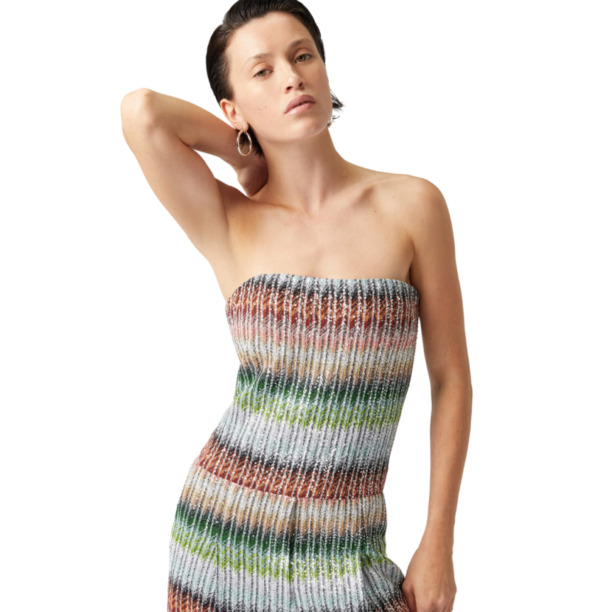 Combinaison bustier pantalon MISSONI viscose zigzag sequins vert orange