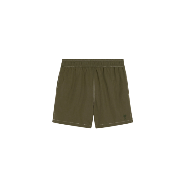 Short de bain AMI Paris toile technique kaki broderie cœur kaki