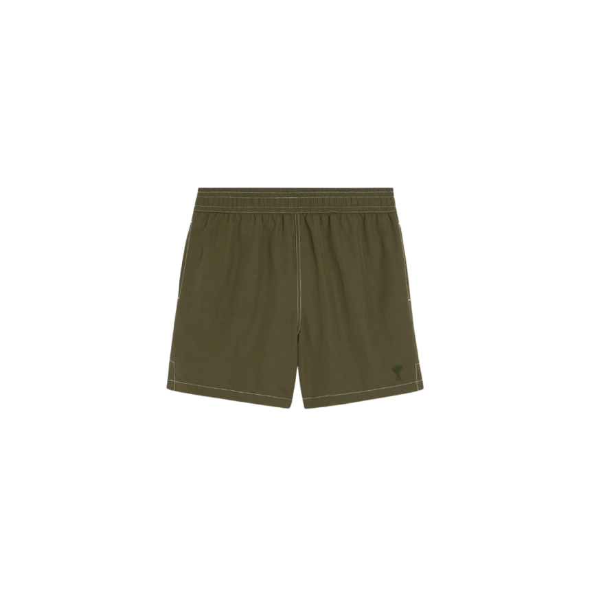 Short de bain AMI Paris toile technique kaki broderie cœur kaki