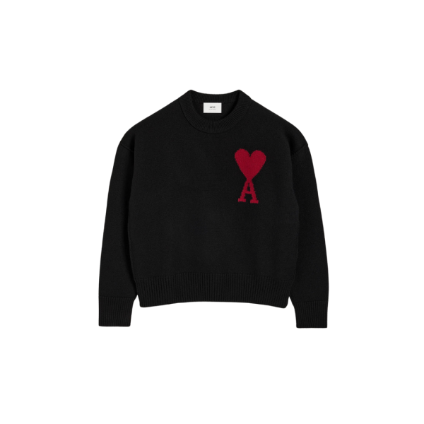 Pull col rond AMI Paris laine mérinos noir broderie gros cœur rouge