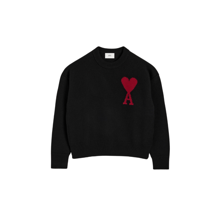 Pull col rond AMI Paris laine mérinos noir broderie gros cœur rouge