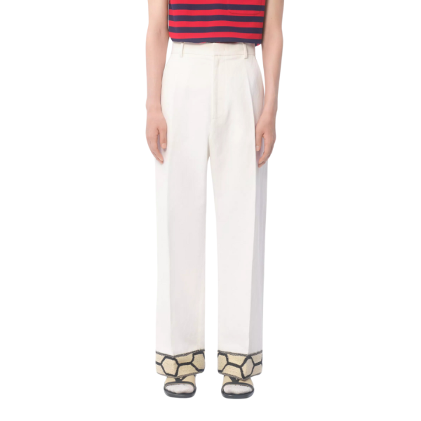 Pantalon large VALENTINO coton lin écru ourlet jacquard