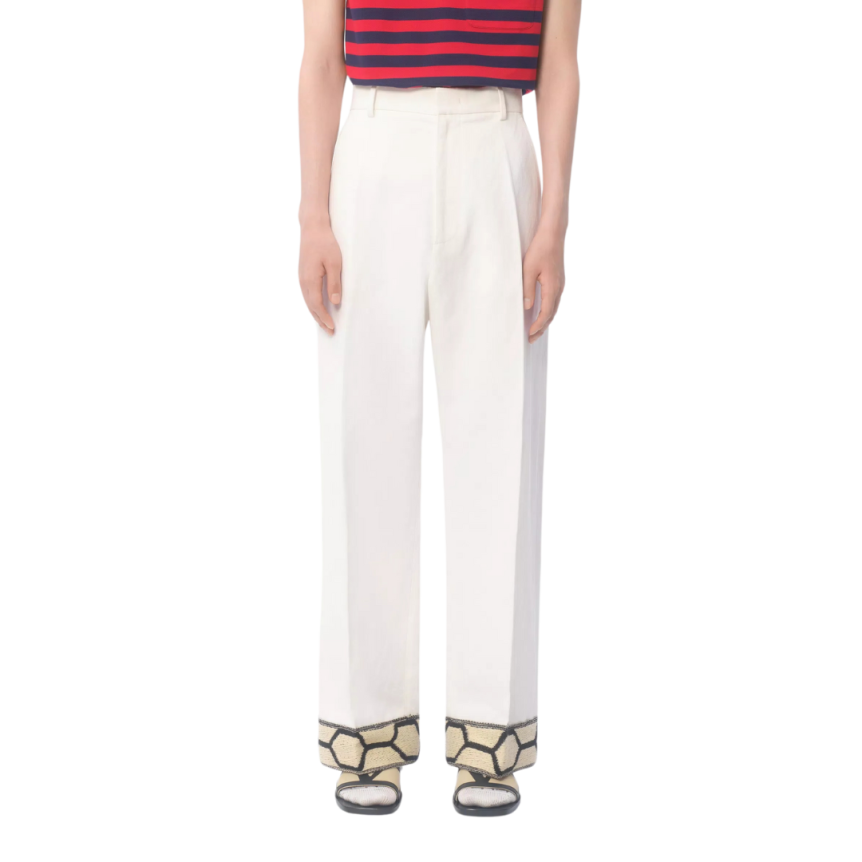 Pantalon large VALENTINO coton lin écru ourlet jacquard