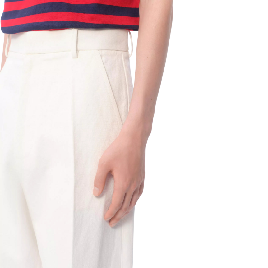 Pantalon large VALENTINO coton lin écru ourlet jacquard