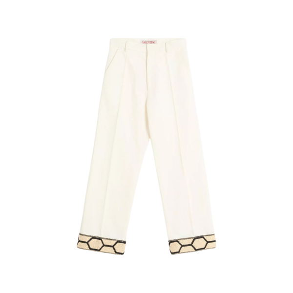 Pantalon large VALENTINO coton lin écru ourlet jacquard