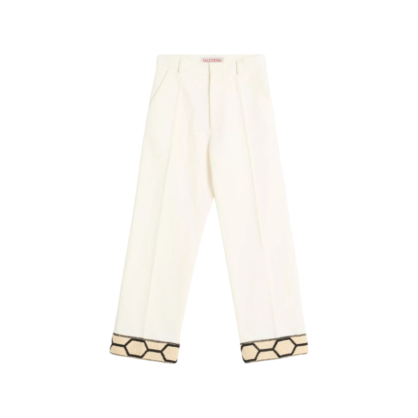 Pantalon large VALENTINO coton lin écru ourlet jacquard