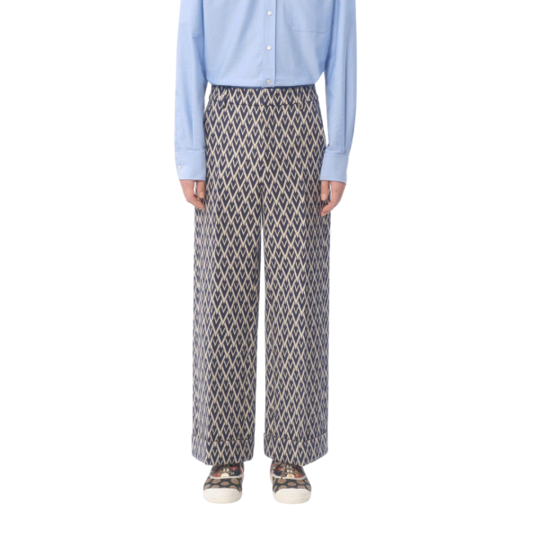 Pantalon à revers VALENTINO laine jacquard V logo bleu marine écru