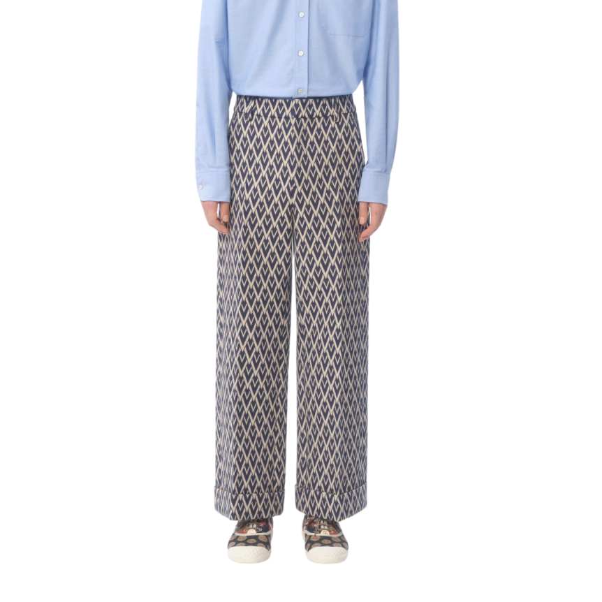 Pantalon à revers VALENTINO laine jacquard V logo bleu marine écru