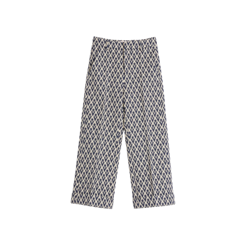 Pantalon à revers VALENTINO laine jacquard V logo bleu marine écru