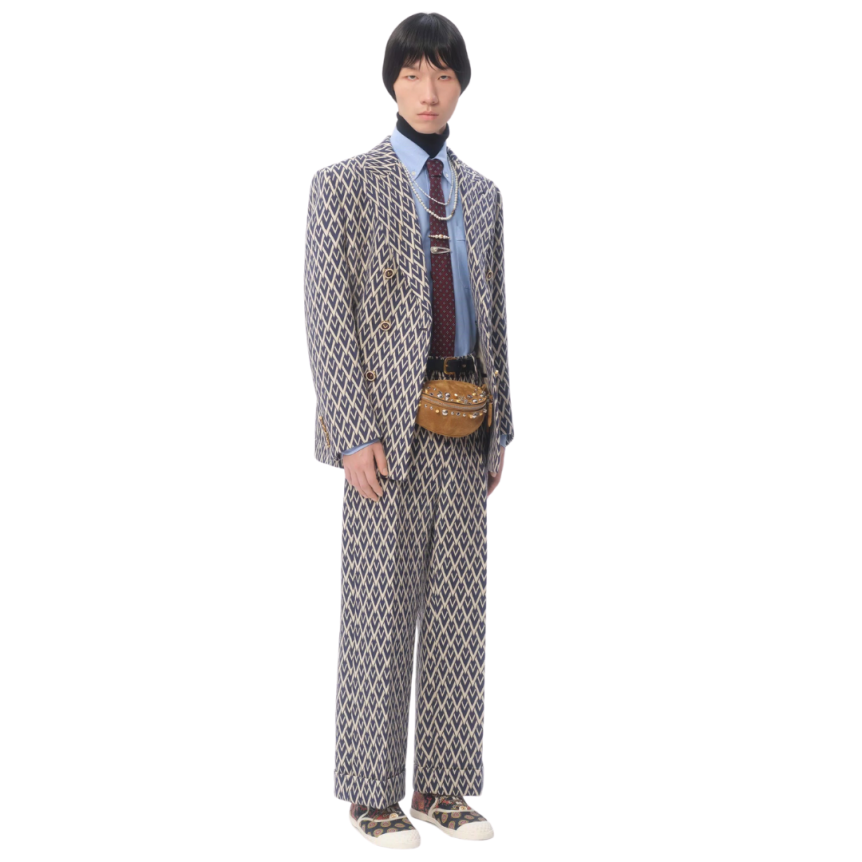 Pantalon à revers VALENTINO laine jacquard V logo bleu marine écru