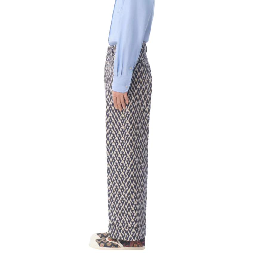 Pantalon à revers VALENTINO laine jacquard V logo bleu marine écru