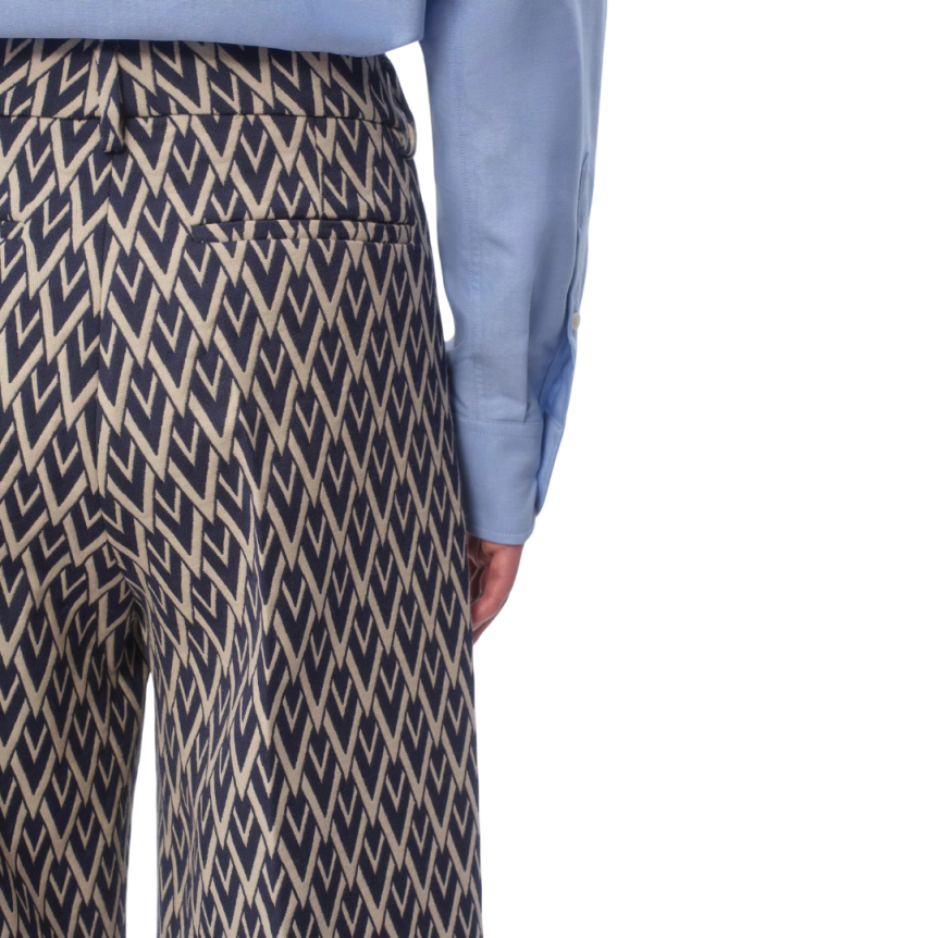 Pantalon à revers VALENTINO laine jacquard V logo bleu marine écru