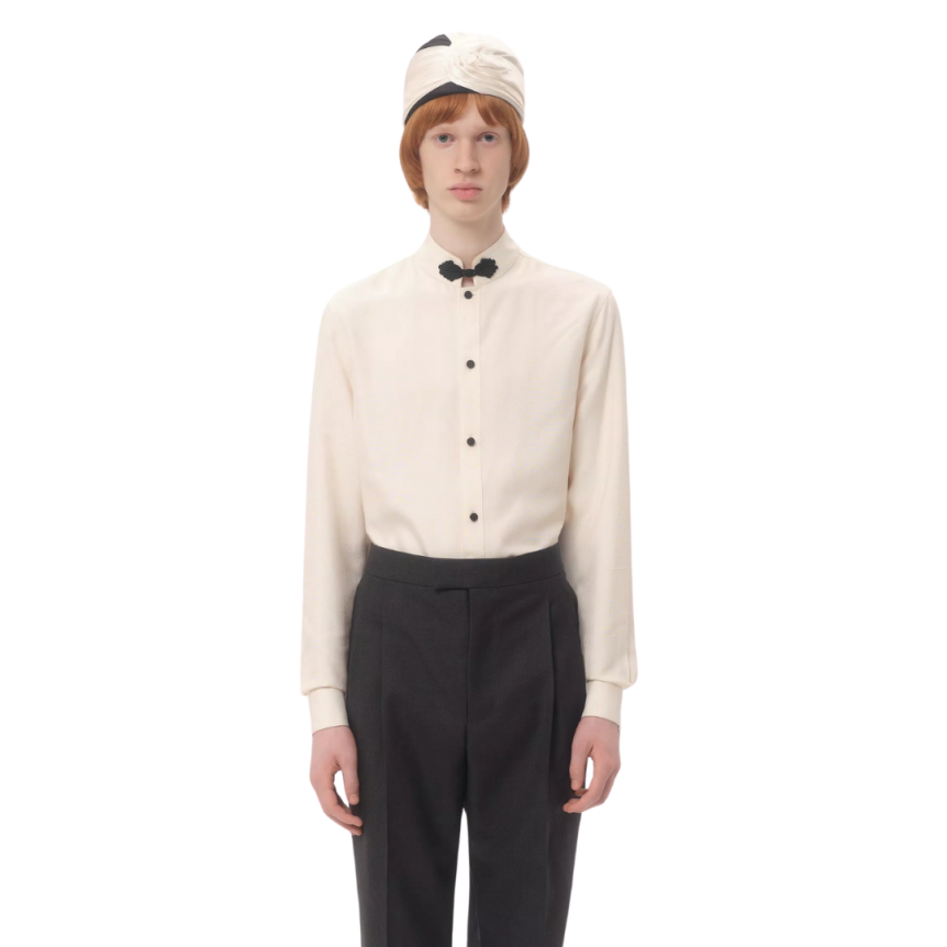 Chemise manche longue VALENTINO soie shantung écru passementerie noir