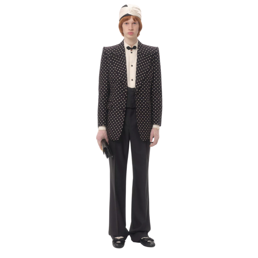 Chemise manche longue VALENTINO soie shantung écru passementerie noir