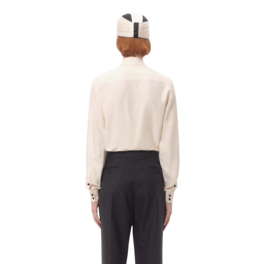 Chemise manche longue VALENTINO soie shantung écru passementerie noir