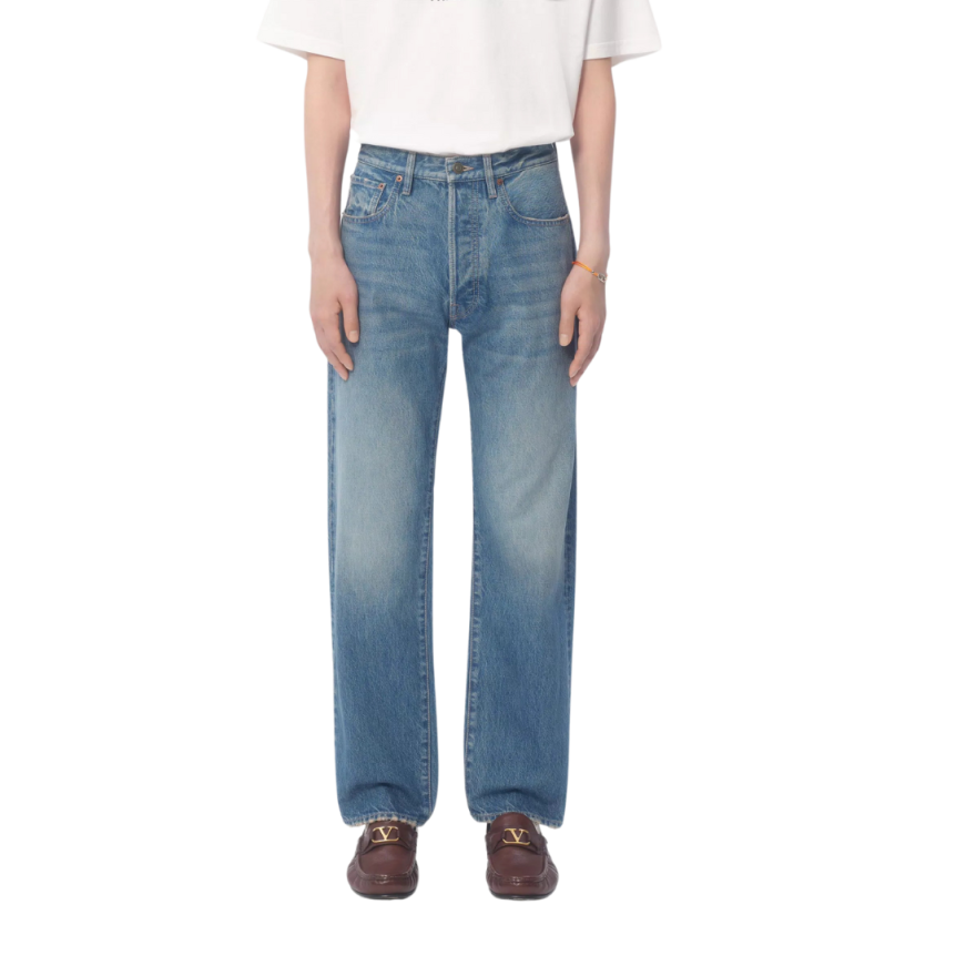 Jean 5 poches VALENTINO denim coton bleu foncé délavé