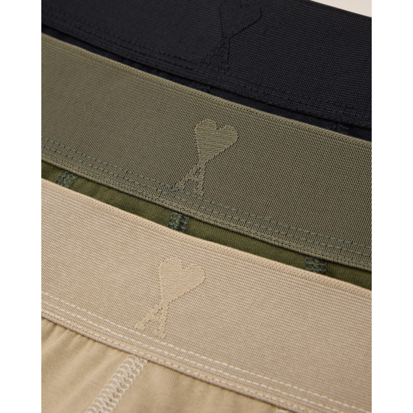 Pack 3 boxers AMI Paris coton bio stretch noir kaki beige coeur