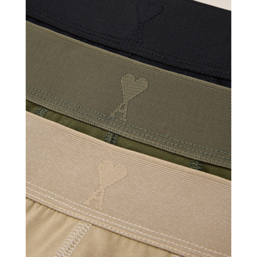 Pack 3 boxers AMI Paris coton bio stretch noir kaki beige coeur