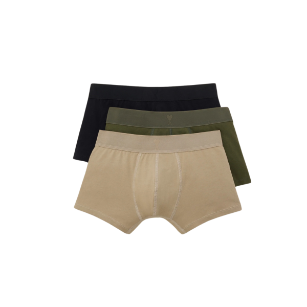 Pack 3 boxers AMI Paris coton bio stretch noir kaki beige coeur