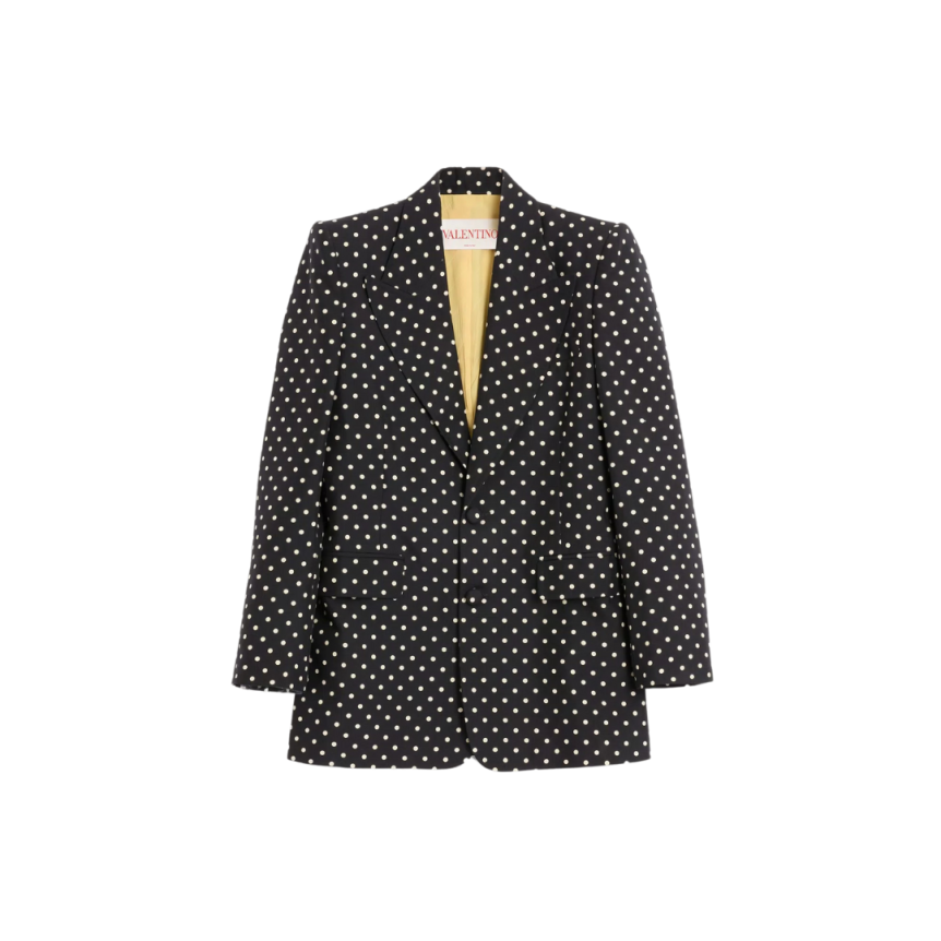 Veste droite VALENTINO soie shantung noir pois blanc