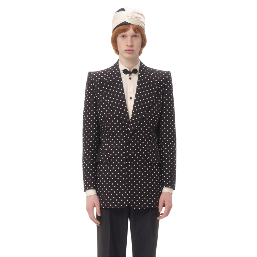 Veste droite VALENTINO soie shantung noir pois blanc