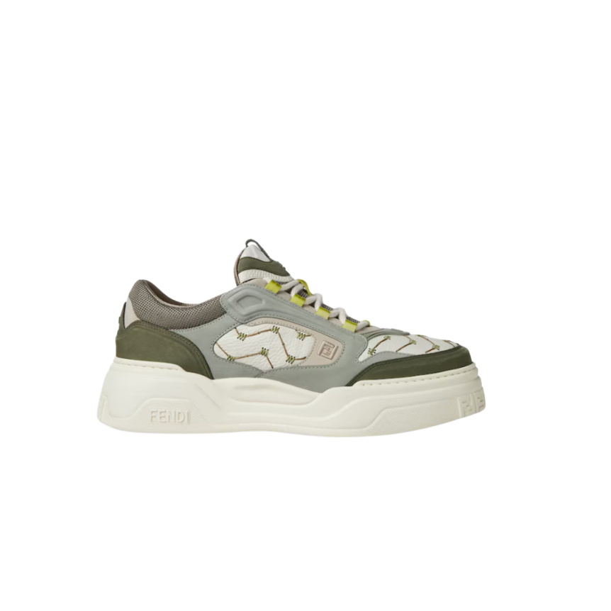 Basket Fendi Force cuir grainé blanc nubuck gris vert