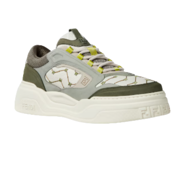 Basket Fendi Force cuir grainé blanc nubuck gris vert