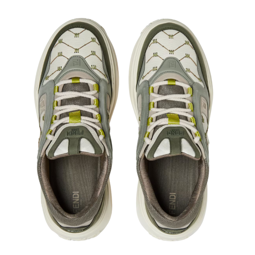 Basket Fendi Force cuir grainé blanc nubuck gris vert